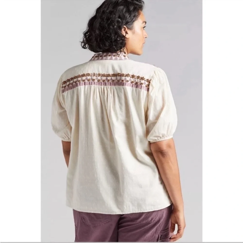 Anthropologie Ivory Embroidered Beaded Peasant Blouse Petite 10 Boho Puff Sleeve